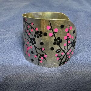 Cuff Bracelet Silver Toned With Pink and Black Design